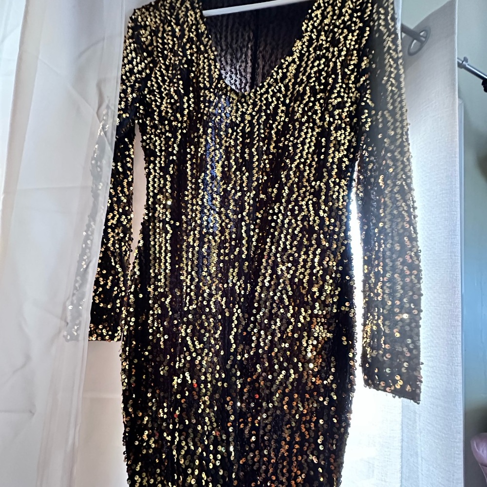 Black with gold sequin long sleeved dress